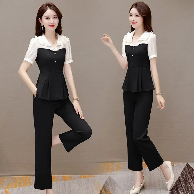 商务装女Ladies 2-Piece Set 2024 Summer Short Sleeve Age Reduction High-end Women's Top +Versatile Chiffon Splicing Pants Female 2PCS