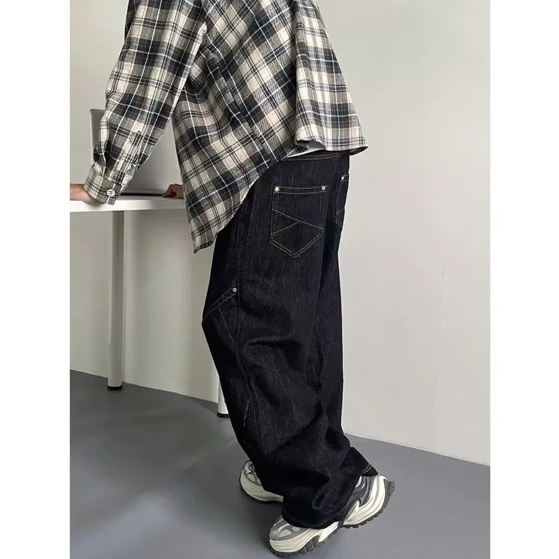 牛仔裤男Vintage American Style Black Jeans Loose Fit Straight Leg Casual Pants For Men And Women Niche Long Leg Design Washing Disaster