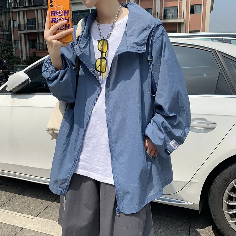 防晒衣男Hong Kong Style Men's Summer Thin Sunscreen Jacket Loose Fit Hooded Sun Protection Clothing Solid Color Casual Skin Wear