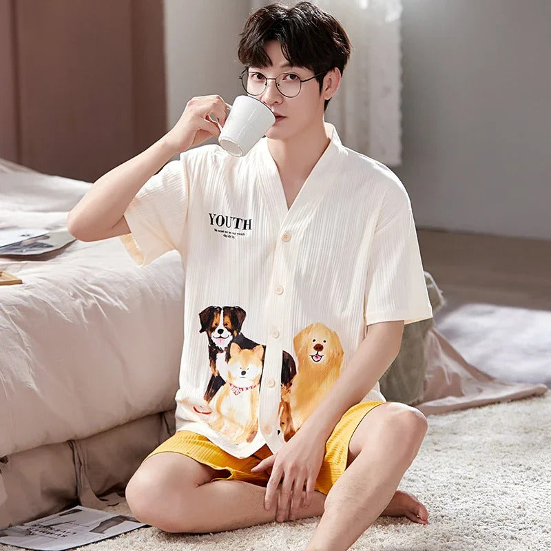 睡衣男Plus Size Men Pijamas Summer New Shorts Kimono Fashion Bear Printing Cotton Pajama Set Sleepwear Cardigan Leisure Men Pajamas