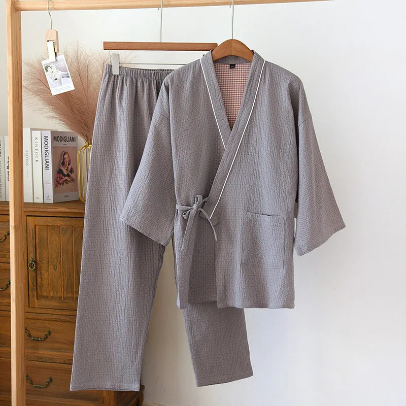 睡衣男2025 Spring/Summer New Japanese Kimono Set Couple 100% Cotton Men's and Women's Casual Loose Home Fur Two Piece Set Sleepwear