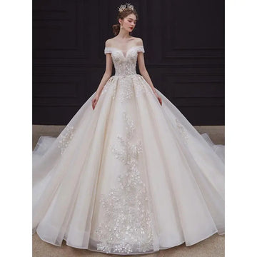礼服女Customized Off Shoulder Luxury Bead Wedding Dress Plus Size Floor Length or Train Lace Bridal Dress Ball Gown Robe De Mariee