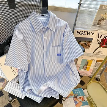 衬衫男Japanese Style Fresh Striped Short Sleeve Shirt Men's Summer Thin Loose-Fit Cardigan Outerwear Casual Scene Nonspecific Material