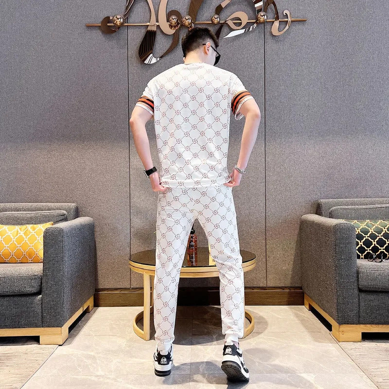 男士套装Casualsuit Men's Summer Stylish Matching New Korean Version Youth Trendy Fashion Sports Printed Short Sleeves 2-Piece Set