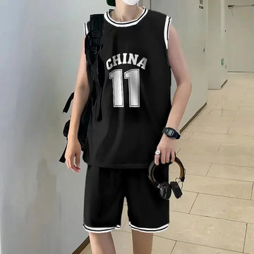 男士套装Summer Two-Piece Illusion Ball Cap Men's Loose-Fit Trendy Brand Students Short Sleeveless Quick Dry Sports Basketball Casual Sui