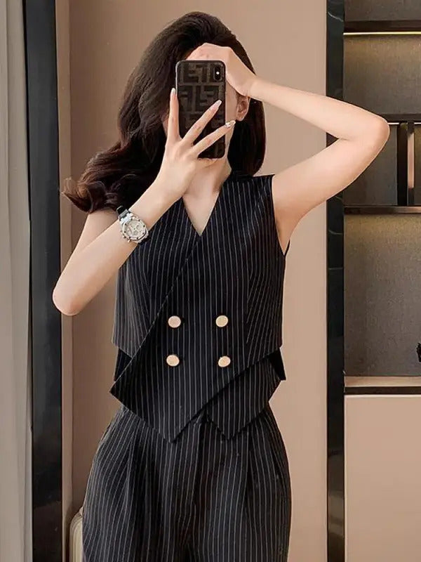 商务装女Summer Chic Stripes Office Ladies Two-piece Set Womem Irregular Double Breasted Vest Tops And High Waist Ankle-length Pants Suit