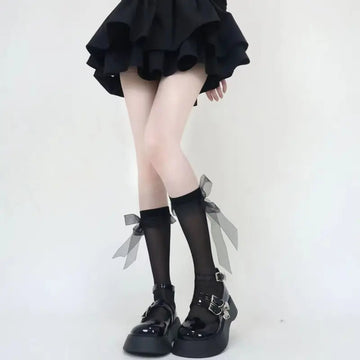 丝袜Stockings Woman Summer Thin Bowknot Lace Ribbon Black White Middle Tube Socks for Women JK Solid Color Lolita Cute Stockings