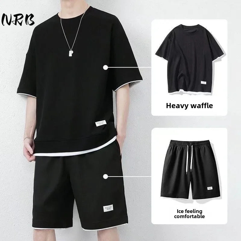 男士套装Casual Men's T-shirt Jeans Shorts 2-piece Set Loose Fit Round Neck Short Sleeves Summer Sport Clothes