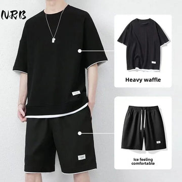 男士套装Casual Men's T-shirt Jeans Shorts 2-piece Set Loose Fit Round Neck Short Sleeves Summer Sport Clothes