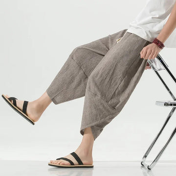 休闲裤男2024 Summer Chinese Style Linen Seven-Quarter Pants Men Loose Fit Plus Size Harem Pants Trendy Casual Pants