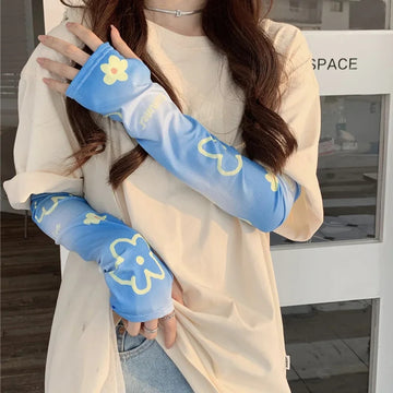 防晒冰袖女2024 Flower Ice Sleeve Sun Protection Sleeves Driving Gloves Long Fingerless Arm Sleeve Summer Arm Protection Outdoor
