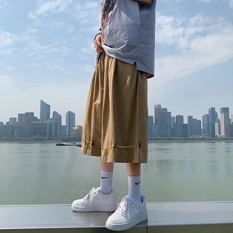 短裤男Summer Knee-length Loose Casual Shorts Men's Loose Casual Streetwear Outerwear Thin 7points Pants Straight Cargo Wide Leg Shorts