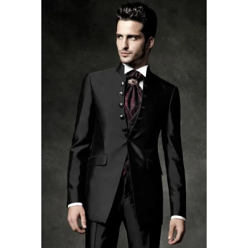 礼服男New Design Black Suits for Men Single Breasted Stand Lapel Luxury 3 Piece Jacket Pants Vest Outfits High Quality Costume Homme