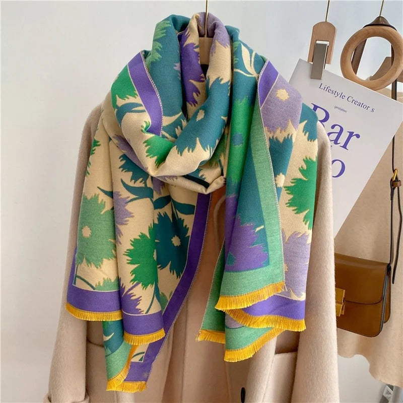 丝巾女2022 New Winter Cashmere Shawls for Women Thickening Scarf Pashmina Bufanda Blanket Female Stoles Double-Sided Scarf Sunflower