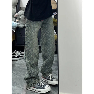 休闲裤男BlueJacquard Straight-Leg Denim Pants Trendy Brand Design SensibilityNiche American Style Casual Pants For Men Summer
