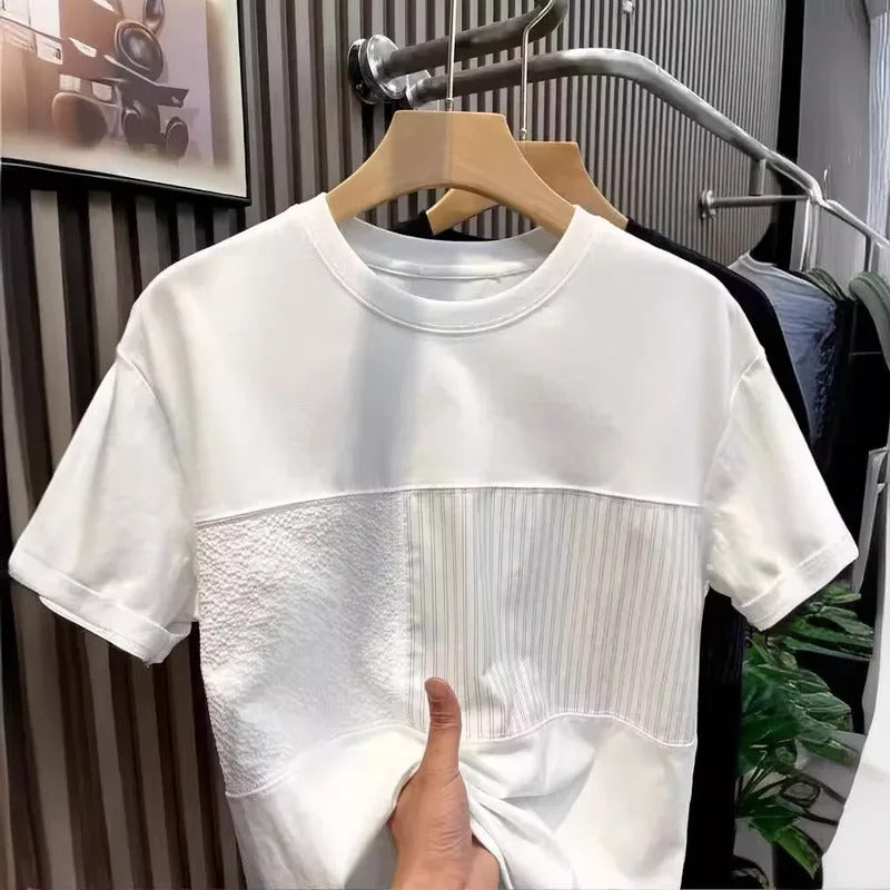 T恤男Trendy Summer Men's Short Sleeve T-Shirt Irregular Splicing Patchwork Half Sleeve Top Pure Cotton Crew Neck T-Shirt