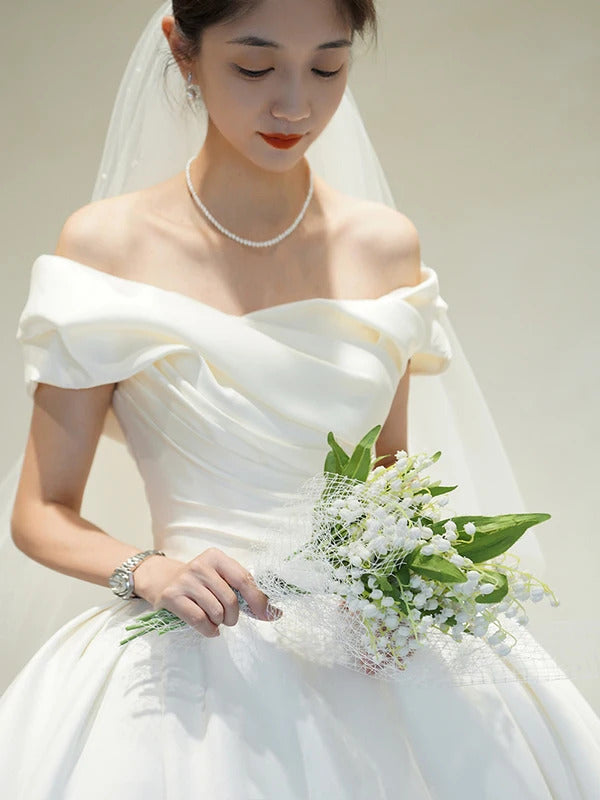 礼服女Off The Shoulder Satin Wedding Dress Vintage Floor Length Bridal Ball Gown Vestido De Noiva Made Customized Plus Size