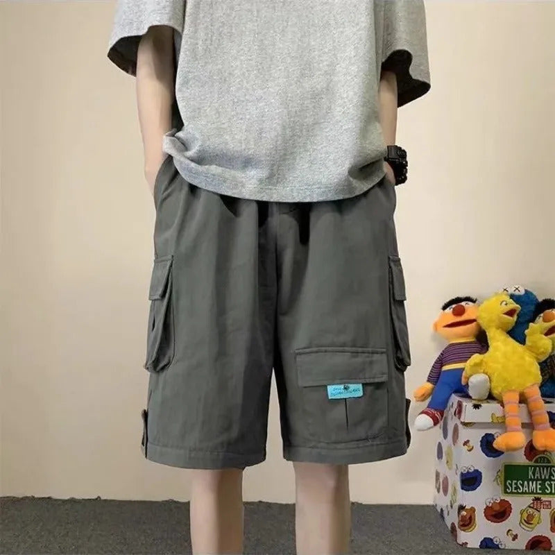 短裤男Streetwear Men Women Cargo Shorts American Casual Large Pockets BF Wide Leg Pants Five-points Loose-fit Drawstring Sweatpants