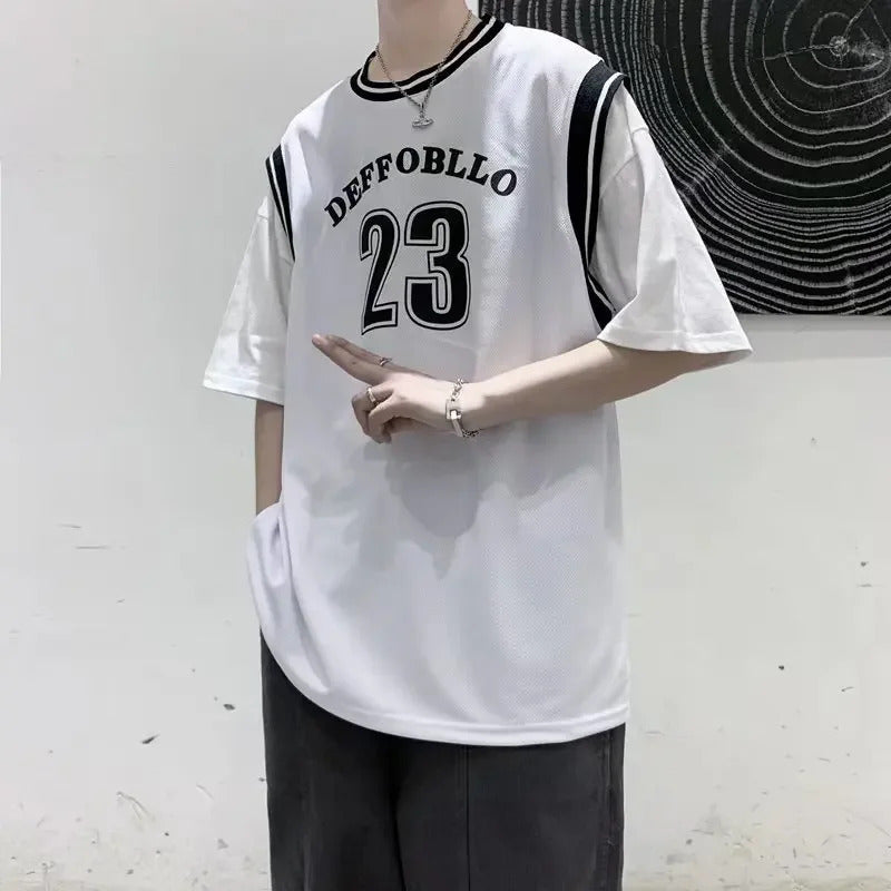 T恤男Men's Basketball Sports Shirt Loose Fit 2022 Summer Two-Piece Illusion Splicing Student Versatile Trendy Short Sleeve T-Shirt