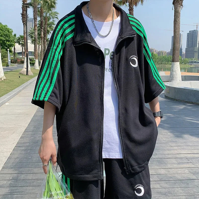男士套装Men's Casual Suit 2022 Summer Hong Kong Style Loose Fit Jacket And Wide Leg Shorts 2-Piece Set Sporty Fashion From China