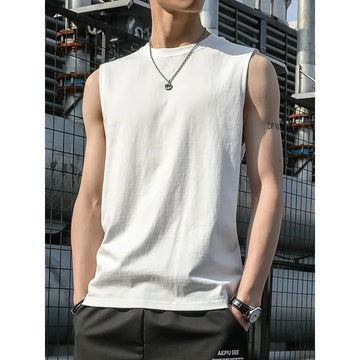 男士背心Men's Summer Thin Round Neck Cross Bar White Sports Fitness Base Wide Shoulder Pure Inner Wear Sleeveless T-shirt