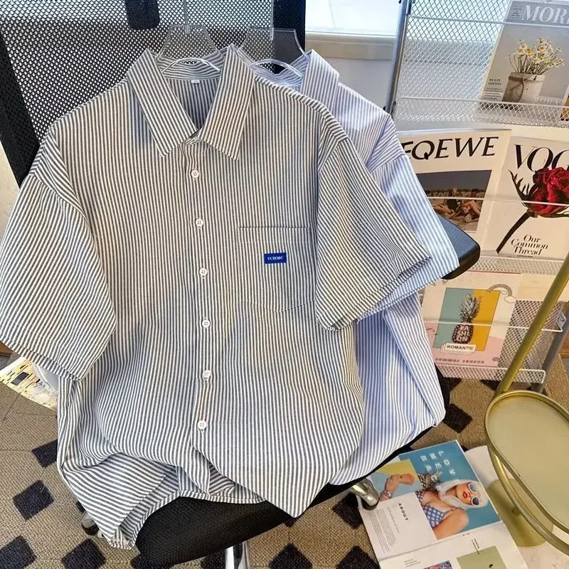 衬衫男Japanese Style Fresh Striped Short Sleeve Shirt Men's Summer Thin Loose-Fit Cardigan Outerwear Casual Scene Nonspecific Material