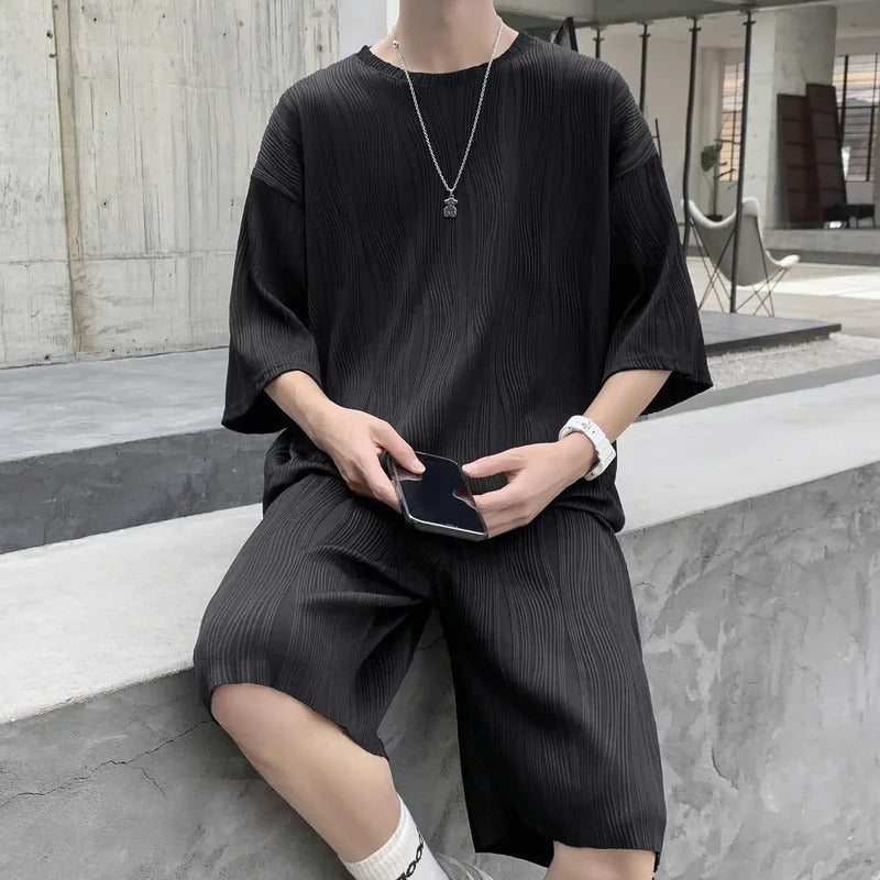 男士套装Summer Suit Men's Women's American Style Street Trendy Loose-Fit Plaid Jacket Short Sleeves Sports Casual 2-Piece Set