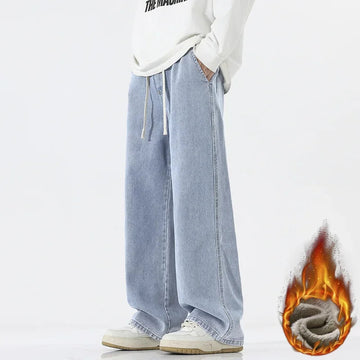 牛仔裤男Loose-Fit Straight-Leg Denim Jeans For Men Casual Style Fleece-Lined Wide-Leg Design New 2024 Collection Autumn/Winter