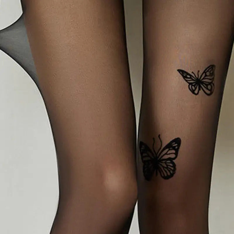 丝袜Women Stockings Butterfly Print Thin Sheer See-through Anti-slip Solid Color Party Pantyhose Tights Stockings