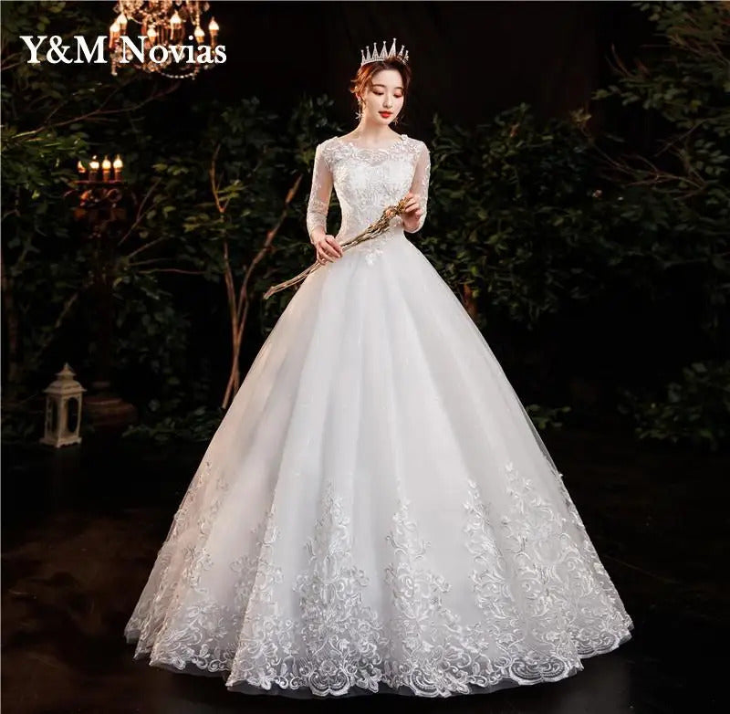 礼服女Y&M Novias Elegant White Wedding Dresses Three Quarter Muslin Lace Embroidery Bridal Gown Customized Plus Size Vestido De Noiva