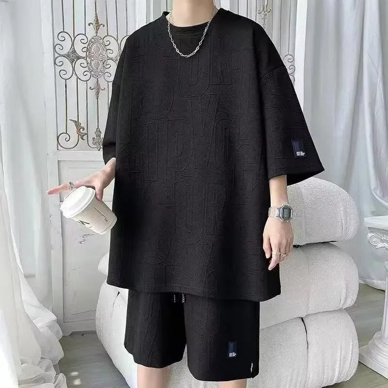 男士套装Men's Plus Size Casual Short Sleeve Suit Summer Loose Fit Two Piece Round Neck Breathable Trendy Wardrobe Staple