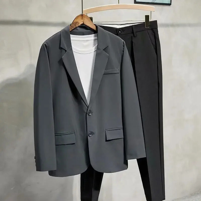 商务装男Men's Autumn 2021 New Medium-length Jacket Korean Style Business Commuting Slimming Double-buttoned Western-style Suit