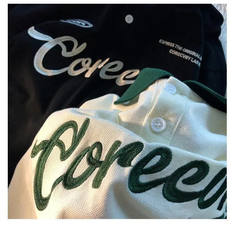POLO男Vintage American Style Polo Collar T-shirt Half Sleeves 2023 New Couple Clothing Harajuku Style Printed Graphics Men Women's Top