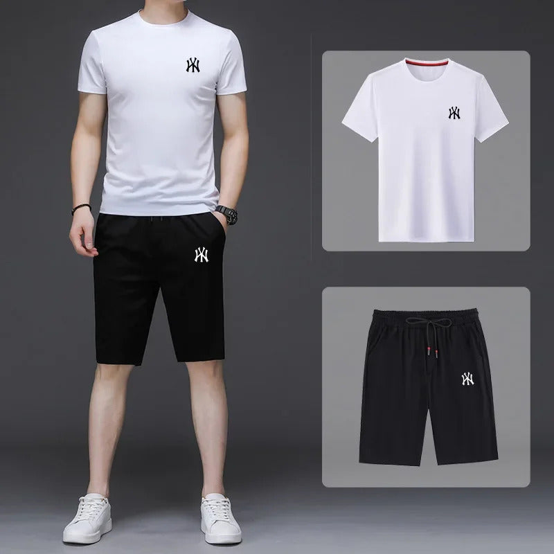 男士套装Summer Casual Sports T-Shirt Set For Men Short Sleeve Ice Silk Thin Style 2-Piece Set Youthful Fashion