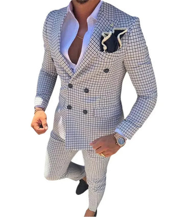 礼服男Men's Plaid Suits 2 Piece Casual Suit Set Pants Set for Men Double Breasted Peak Lapel for Wedding Prom Evening Parties