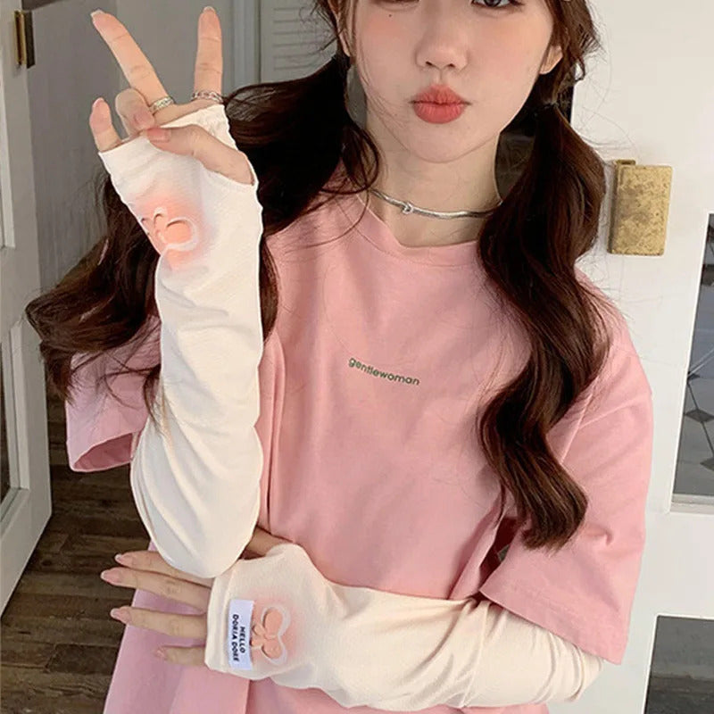 防晒冰袖女1 Pair Anti-sunburn Sleeve Bowknot Cool Muff Girls Outdoor Sports Cycling Driving Breathable Sleeve Sunscreen Arm Sleeves Woman