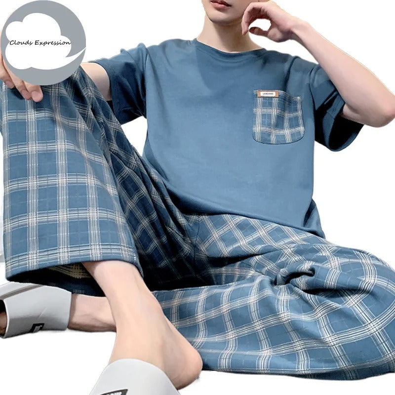 睡衣男Summer Knitted Plaid Cool Mens Pyjamas Pajamas Casual Short Tops +Long Pants Sets Men's Sleepwear Nightwear Pijamas 4XL Homewea