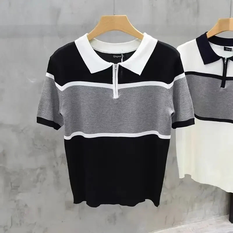 POLO男Summer Lapel Striped Short Sleeve T-Shirt For Men High End Polo Shirt Youth Fashion Cool Printed Top Base Layer
