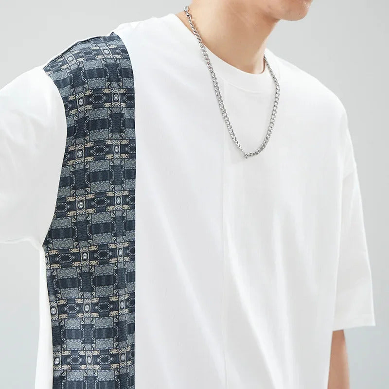 T恤男Summer High-End Feel Cotton T-Shirt For Men Short Sleeves Trendy Spliced Floral Bodycon Not Symmetric Round Neck Breathable Top