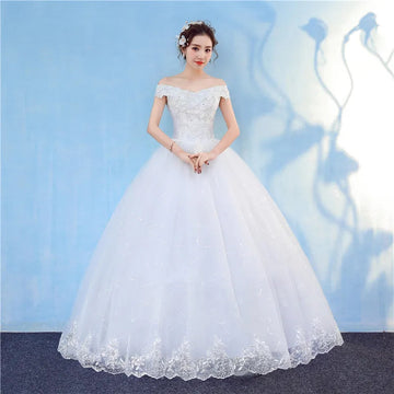 礼服女Fashion Elegant Lace Vintage White Wedding Dresses Boat Neck Off The Shoulder Plus Size Ball Gown Robe de Cheap With Appliques