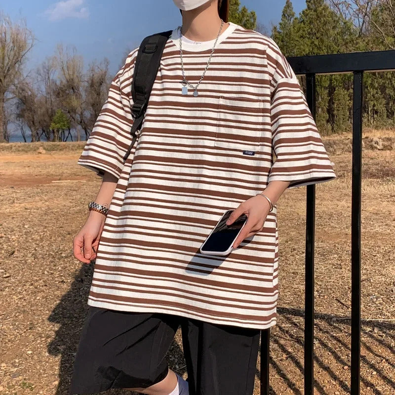 T恤男Japanese Striped Short Sleeve T-Shirts Men Women's Versatile Summer Loose Fit Heavy Duty Color Blocking Half Sleeve Tees Ins