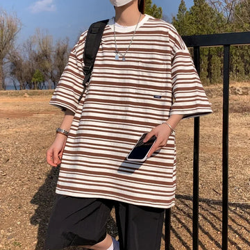 T恤男Japanese Striped Short Sleeve T-Shirts Men Women's Versatile Summer Loose Fit Heavy Duty Color Blocking Half Sleeve Tees Ins