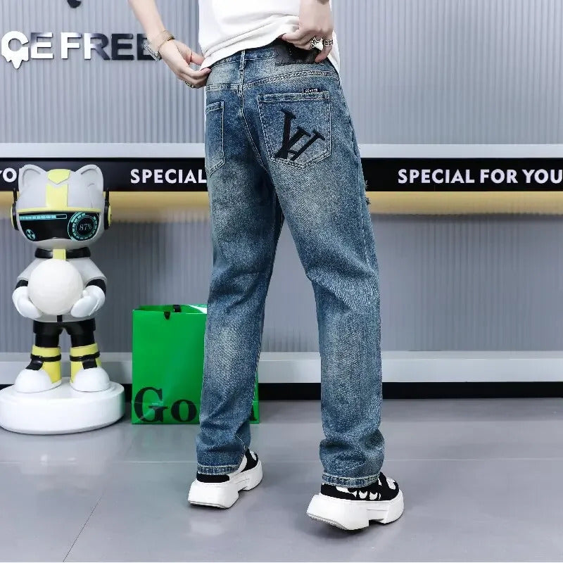 牛仔裤男2024 Spring New Men's Jeans Trendy Embroidered Bell Bottoms Loose Fit Casual European Style Fashion Youth Blue Stretch Denim