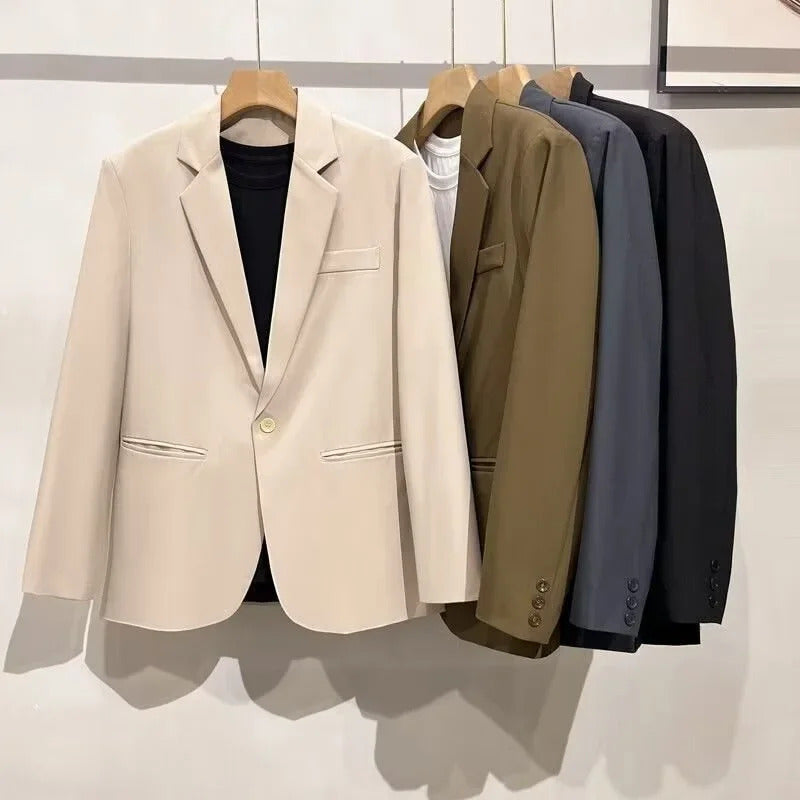 商务装男Casual Draped Men's Blazer English Style Plus Size Single Breasted Flat Collar Long Sleeve Standard Trendy Fashion