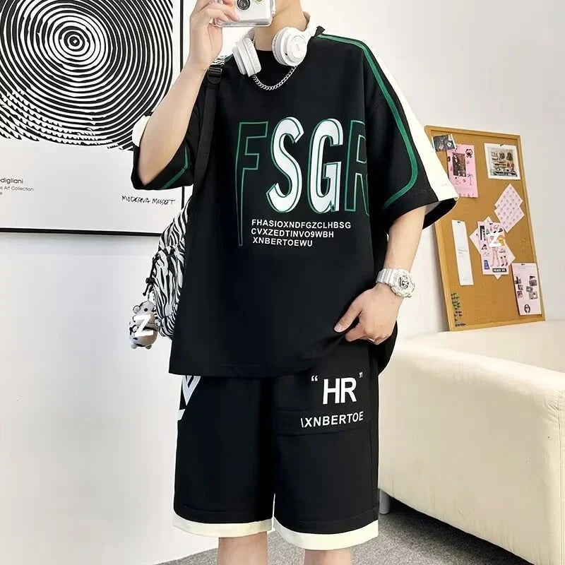 男士套装Trendy Summer Suit Combo Cool Celeste Brand Quick Dry Shorts Sportswear For Boys Early High School Student