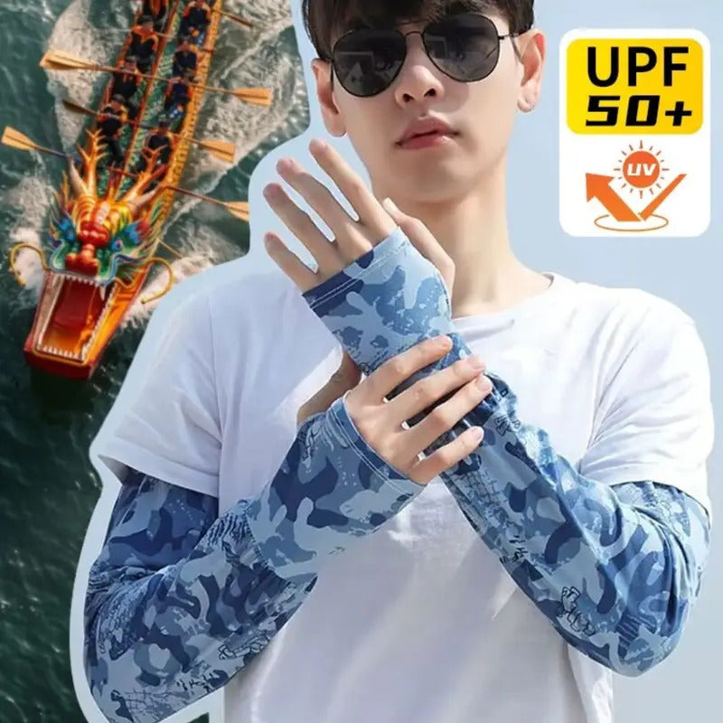 冰袖男UV Solar Arm Sleeves Unisex Cycling Fingerless Gloves 	
Cool Muff Summer Ice Silk Elastic Sunscreen Sleeves Plus Size Arm Cover