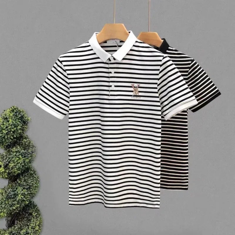 POLO男Japanese Style Simple Men's Color Blocking Striped POLO Shirt Vintage Comfortable Breathable Short Sleeves Trendy Lapel T-Shirt
