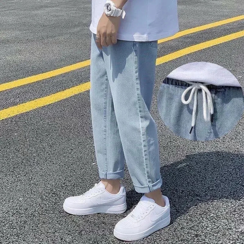 牛仔裤男Trendy Korean Style Men's Jeans Loose Fit Straight Leg Autumn New Elastic Waist Cropped Pants Casual Light Color Denim Trousers