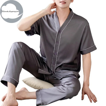 睡衣男Summer 4XL Brown Loungewear Pyjamas imitate Silk Mens Pajama Sets Satin Pajama Male Sleepwear Pyjamas Nightwear Homewear Fashion