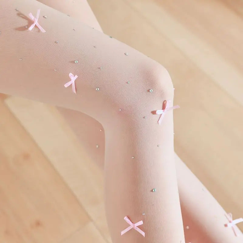丝袜Female Rhinestone Pink Velvet Bow Embroidery Pearl Tights Fashion Women JK Lolita Styles Sweet Girls Kawaii Cute Shiny Pantyhose